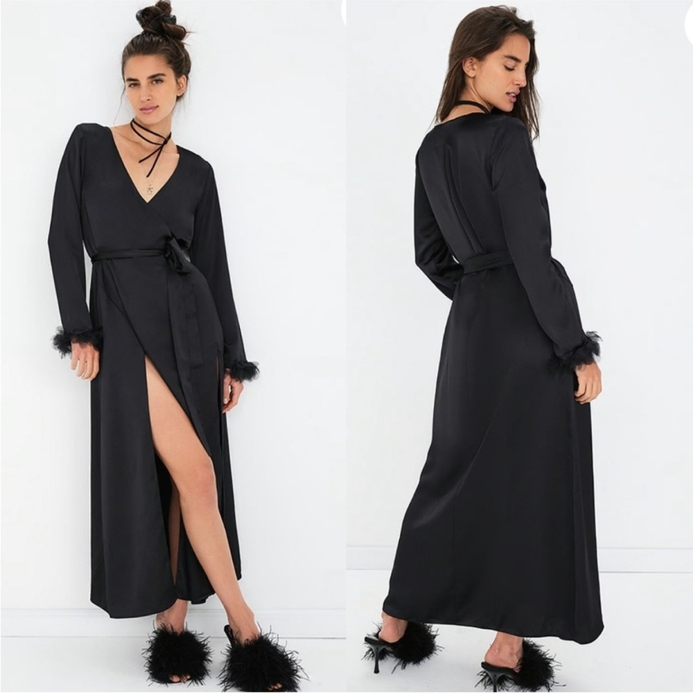 For Love And Lemons Black Satin Wrap Robe w/ Tulle Floral Sleeves